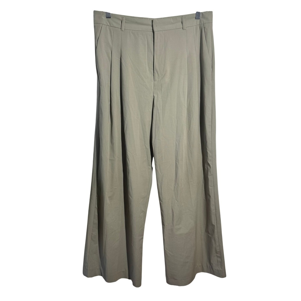 Zara Womens Large Pleated Wide Leg Trousers Khaki Green High Rise Pants